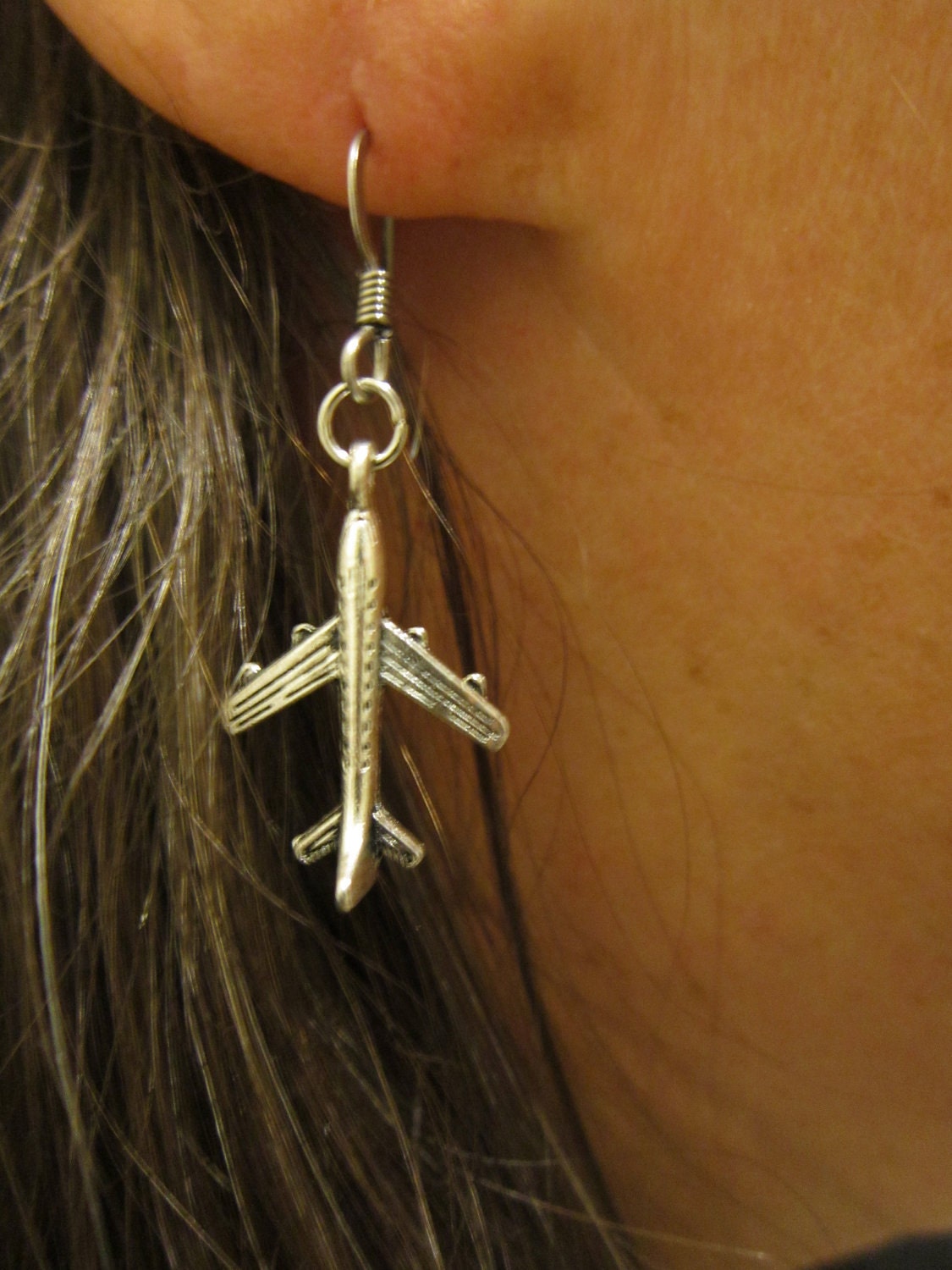 Silver Dangle Airplane Earrings