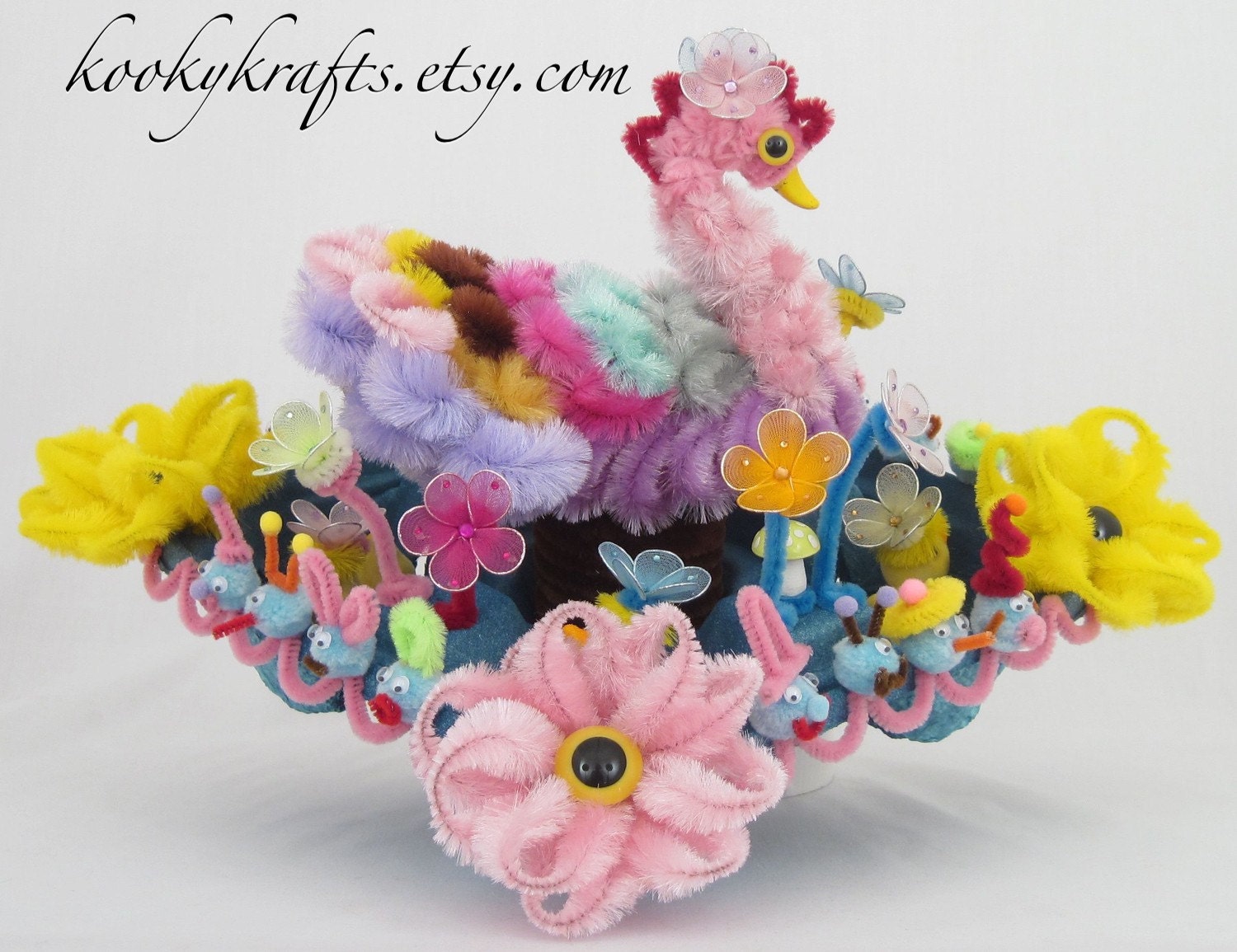 Recycled Drink Holder Sculpture Swan in Flower Garden