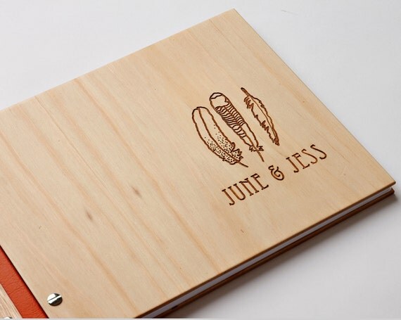 modern wedding guest book custom engraved wood engagement anniversary gift // feather tribal gay lesbian same sex wedding 30 pages