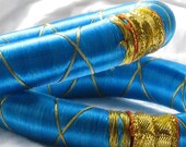 2 Sky Blue Silk Thread Wrap Bracelet Bangles - Handmade Fabric Jewelry very Lightweight - Indian Bangles Perfect For Summer,Winter - Funky