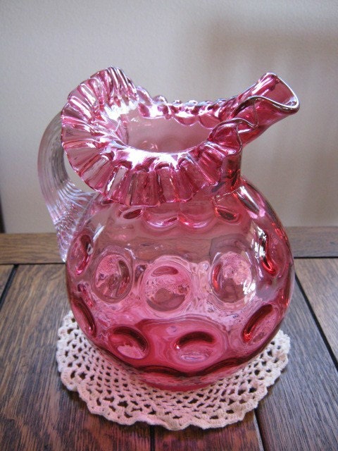 Vintage Fenton LG Wright Large Depression Cranberry Glass Dot Optic Water Beverage Pitcher