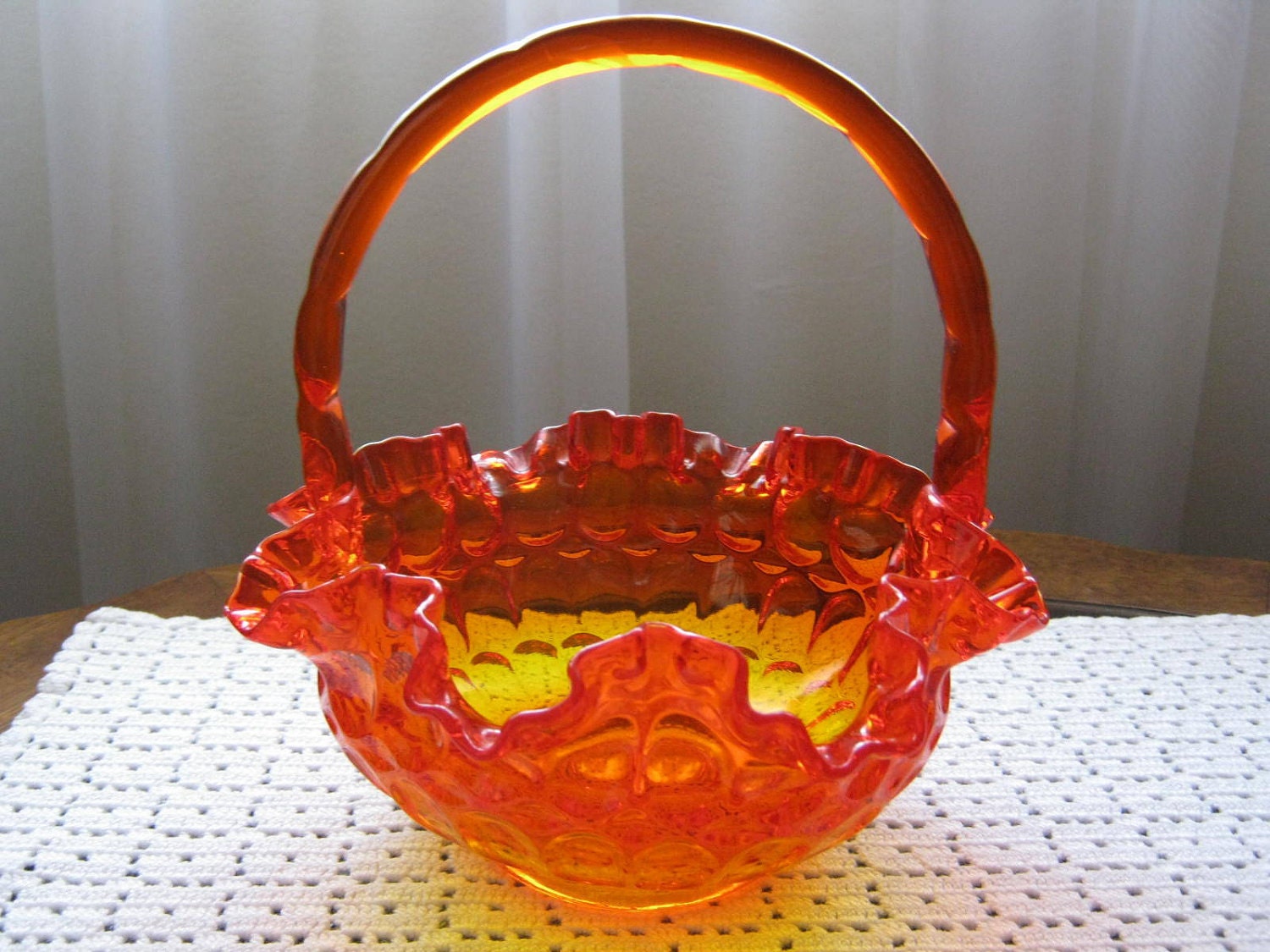 Vintage Fenton Orange Red Amberina Thumbprint Ruffle Art Glass Bride Basket Bowl