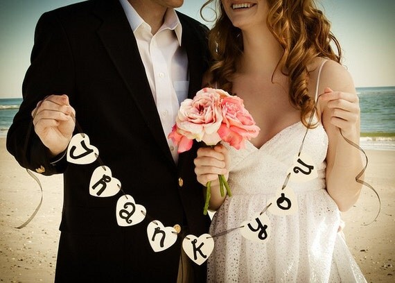 Thank You Wood Heart Banner with Ribbon Photo Wedding Prop Thank You Card Mini Great for Beach Wedding Shabby Chic Rustic Elegant Whimsical