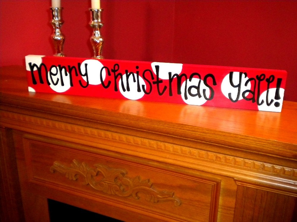 Merry Christmas Y'all red and white - christmas signs - cute polka dot sign, mantel or end table sign