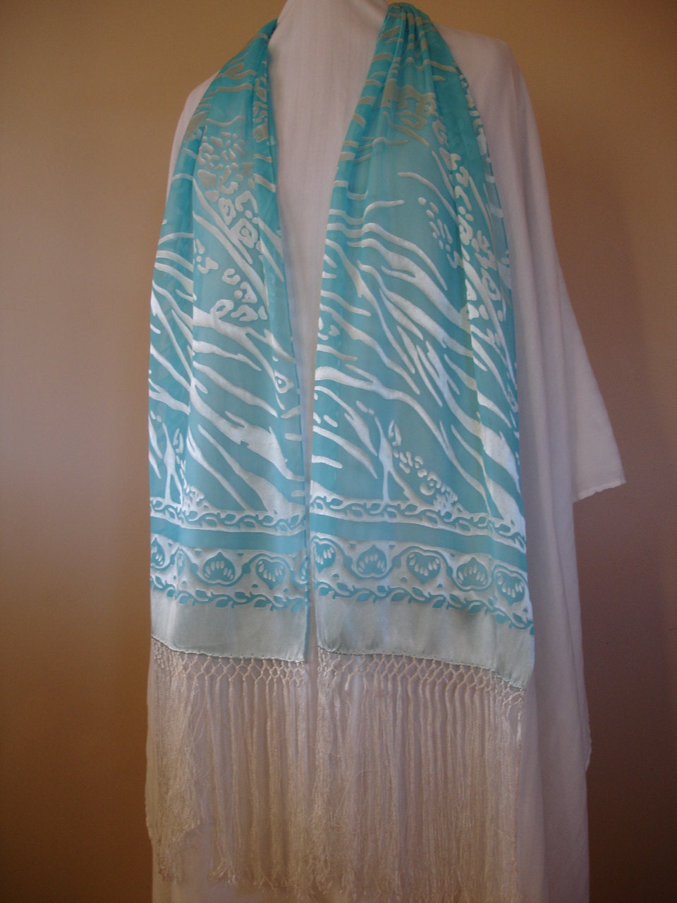 Aqua Blue Water Printed Silk Scarf with long fringe