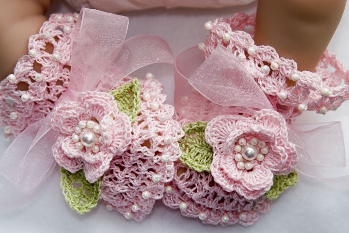 Pink Cotton Rose Crochet Baby Booties - 4 Sizes