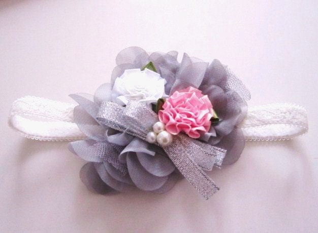 Silver Ribbon Beaded Flowery Stretchy Headband - Size from Newborn - Adults
