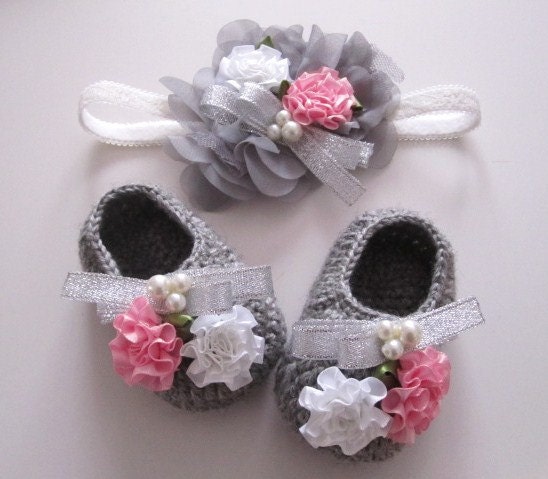 Silver Ribbon Beaded Flowery Stretchy Headband - Size from Newborn - Adults