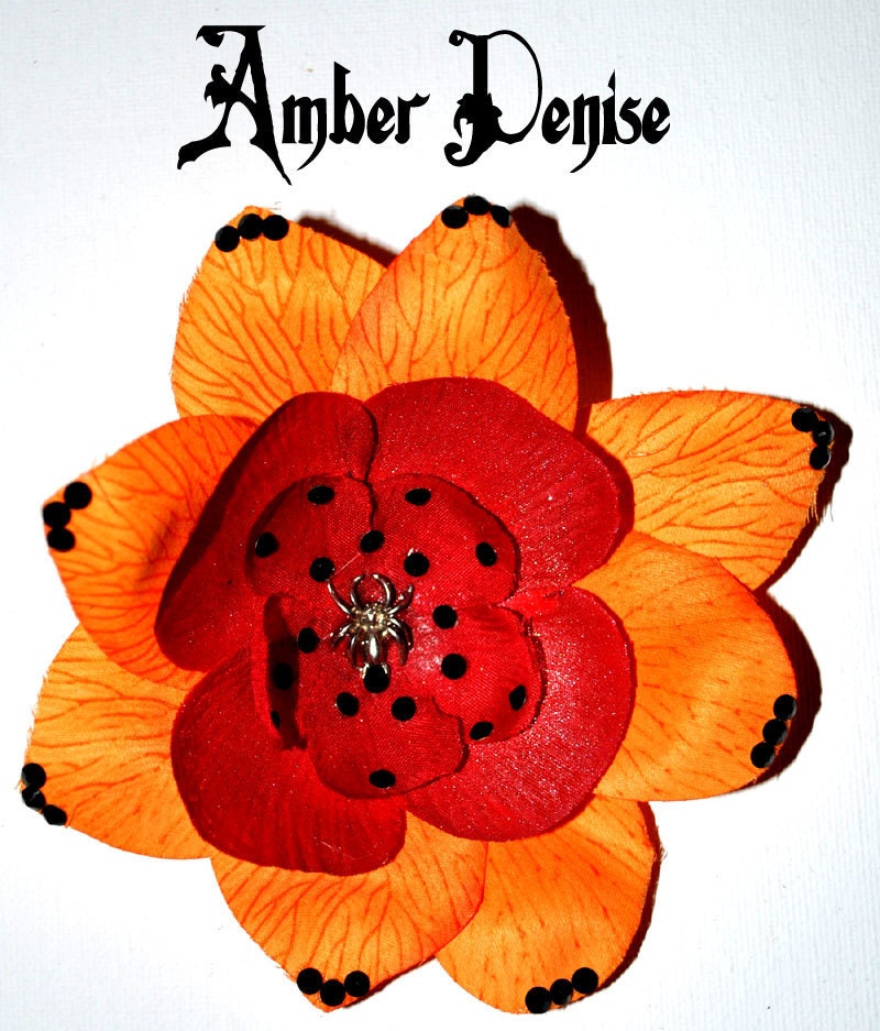 Orange and red flower hair clip.  With a spider and black swarovski crystals Halloween spooky goth dark fire autumn fall creepy scary 