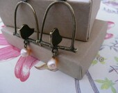 Bronze Caged Bird and Pink Pearl Drop Earrings