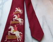Vintage 30s or 40s Hand Painted Necktie Depicting Man on Horse  Jumping Fence