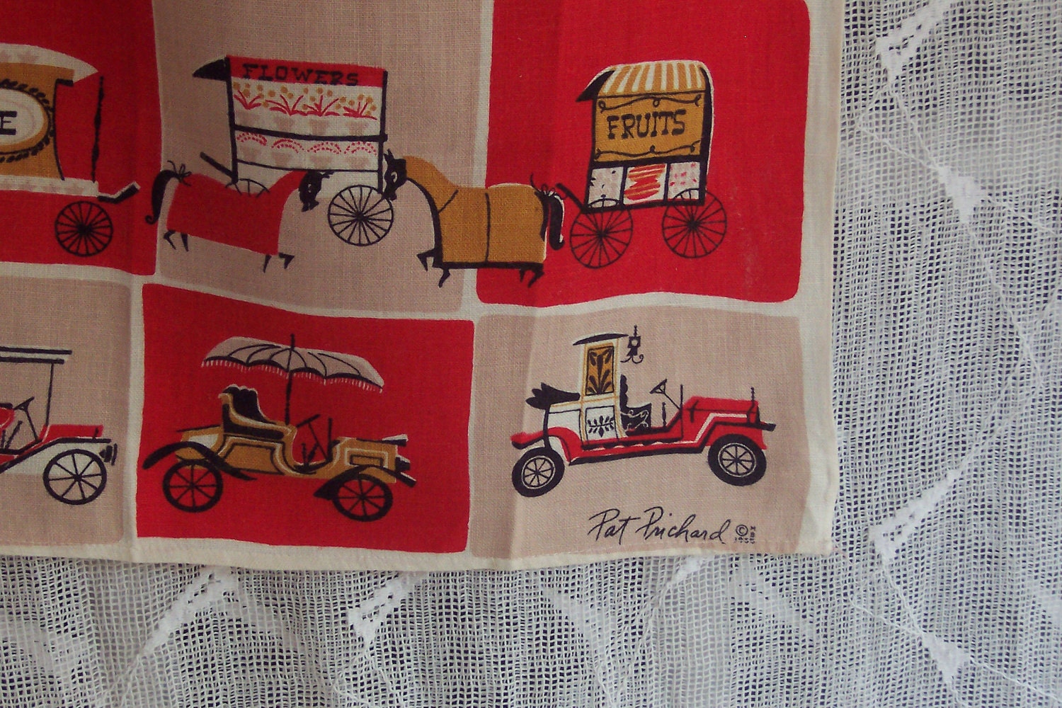 50s Linen Towel designed by Pat Prichard  - Horse Drawn Cart/ Early Auto c1955