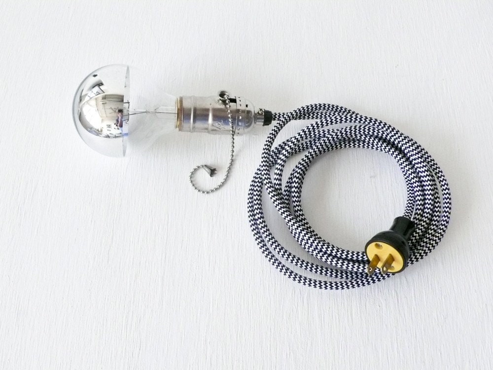 Black and White Pendant Light Cord w/ Large Silver Globe Bulb
