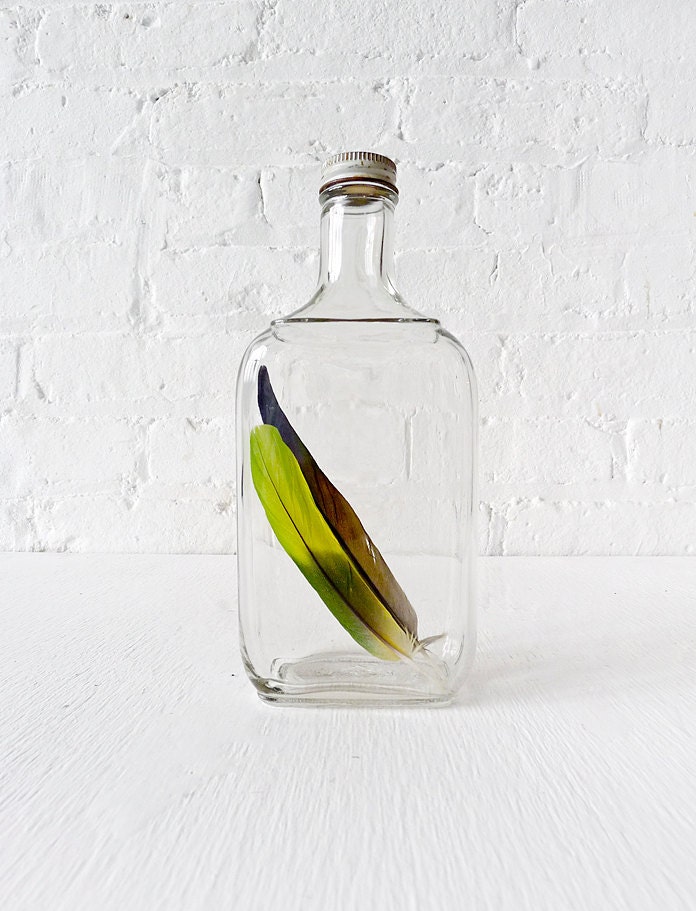 15% SALE - Vintage Glass Bottle - Parrot Feathers