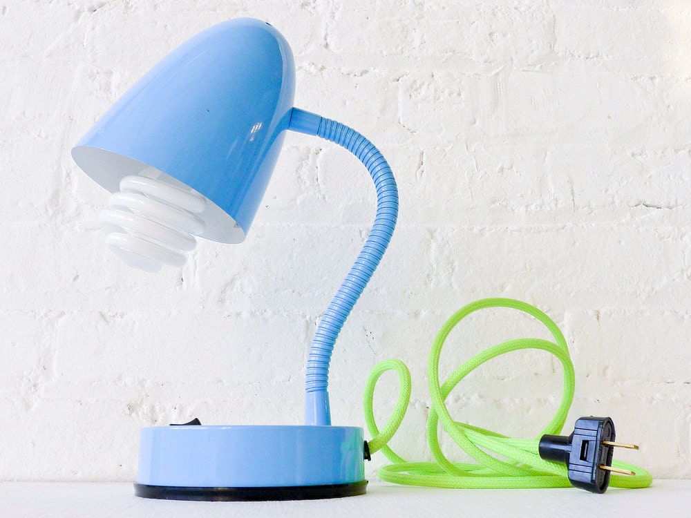 30% SALE - Retro Industrial Gooseneck Desk Table Lamp in baby Blue with Neon Yellow Green Cord