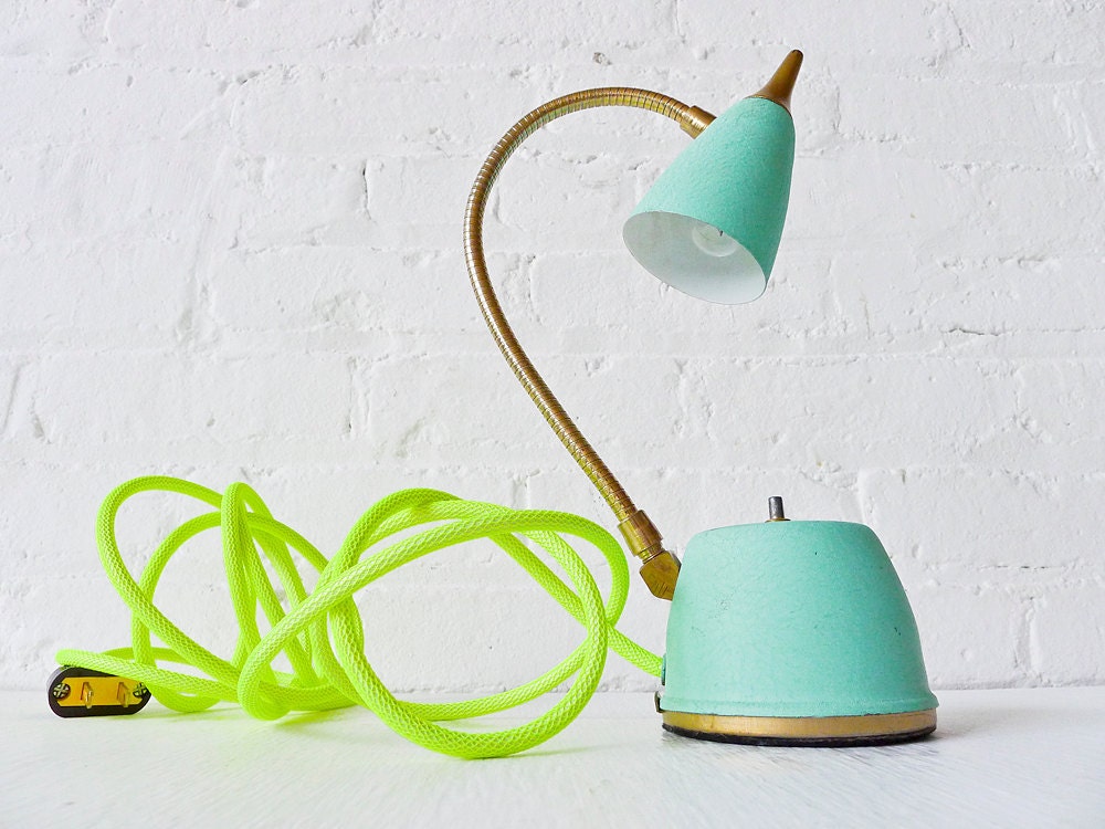 Vintage Lamp - Mint Green Gooseneck w/ Neon Yellow Net Cloth Color Cord