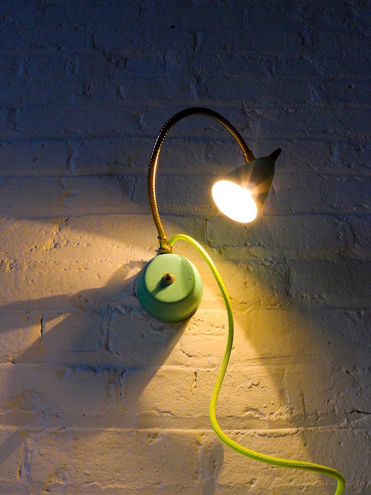 Vintage Lamp - Mint Green Gooseneck w/ Neon Yellow Net Cloth Color Cord