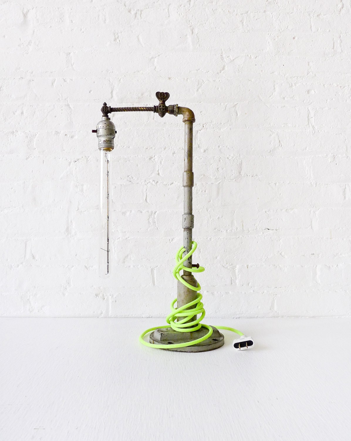 Pope Pipe Industrial Lamp with Tungsten Tubular Bulb and Neon Green Yellow Cord