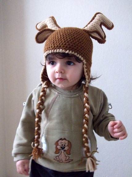 Reindeer Hat with Ear Flaps - Photography Prop - for newborn and children-boy halloween costume