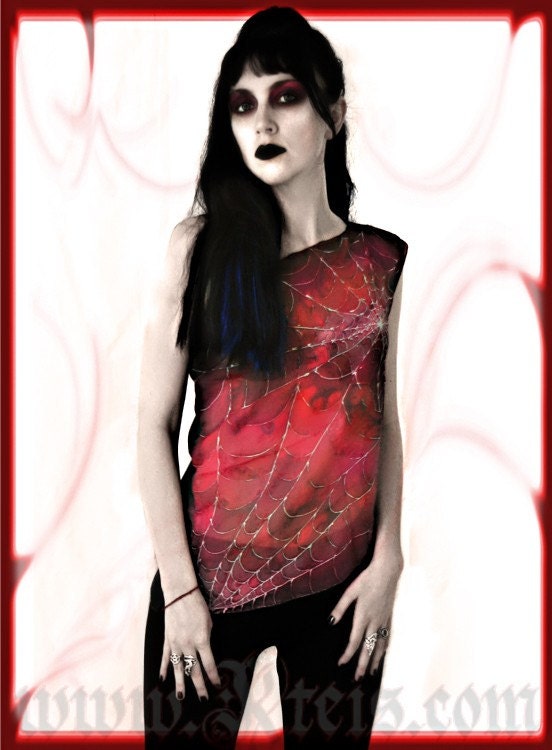 Gothic clothing - red tank top blouse - cobweb silk