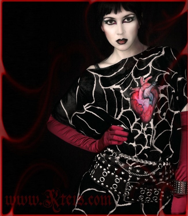 Goth dress - anatomical heart - hand painted silk tunic