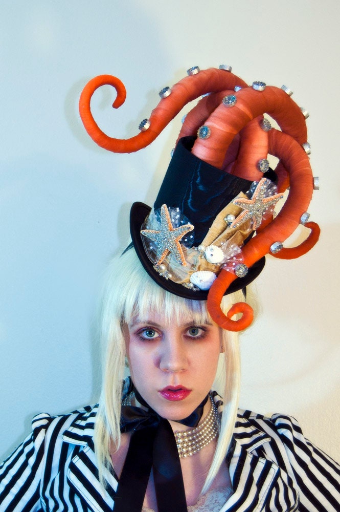 Octopus Tentacle Hat - Steampunk Victorian Masquerade Top Hat - Orange x Gold x Black - 3 to 4 Week Turnaround