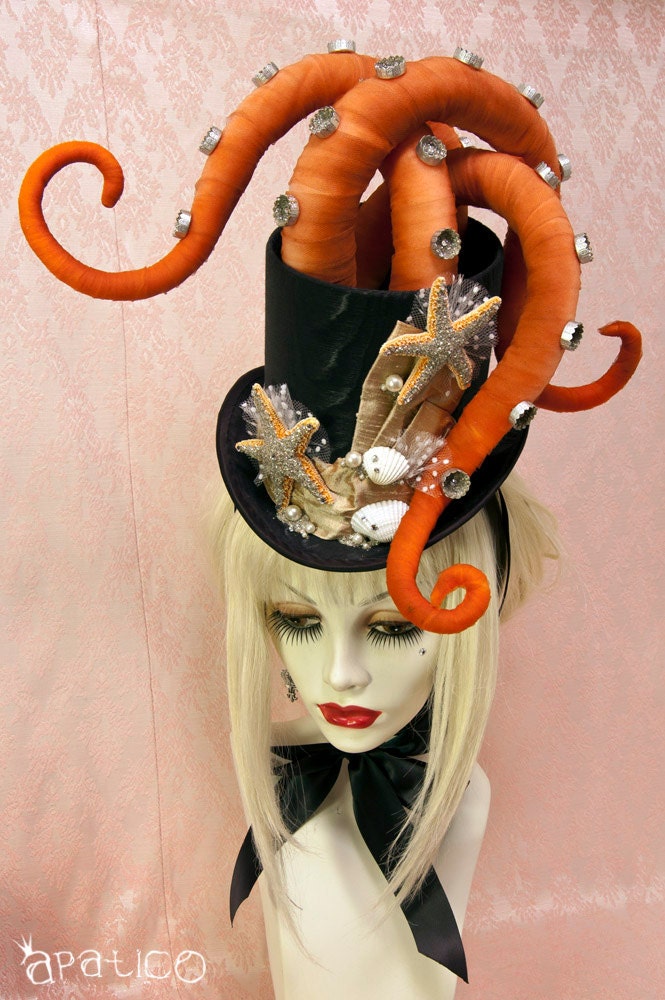Octopus Tentacle Hat - Steampunk Victorian Masquerade Top Hat - Orange x Gold x Black - 3 to 4 Week Turnaround
