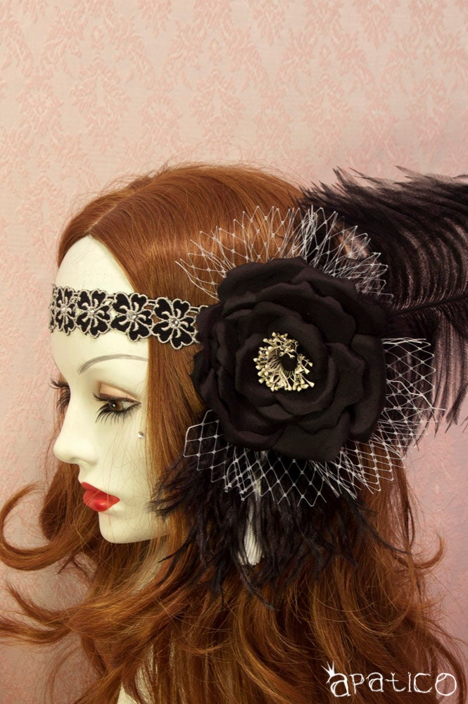 Art Nouveau Headband - Black and White Victorian Gothic Headdress with Rose and Veiling - Ready to Ship