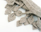 Knit Scarf gray extra long narrow tree branch, knit leaf leaves double sided romantic knitwear - LeafyDesign