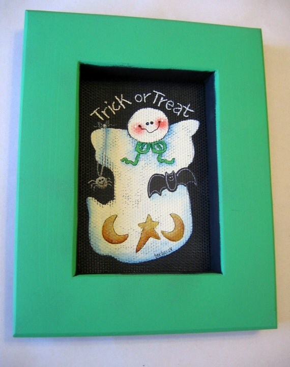 Halloween, Tole Painted, Ghost, Trick or Treat, Framed in Bright Green