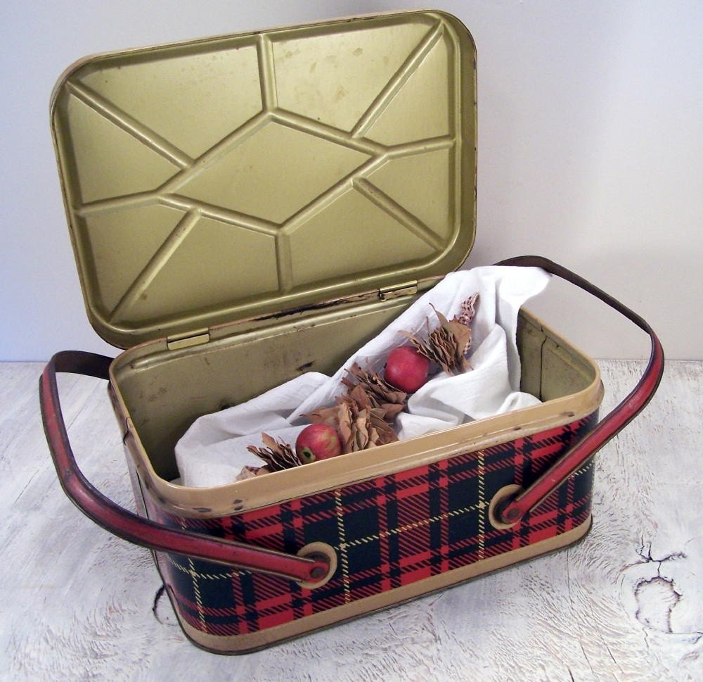 Vintage Metal Picnic Basket in Red Plaid by OldTimePickers on Etsy