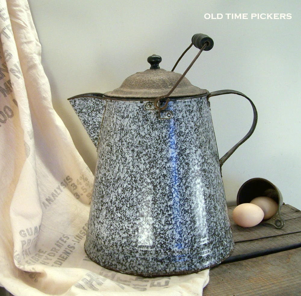 Vintage Granite Coffee Pot - farmhouse grey blue enamel