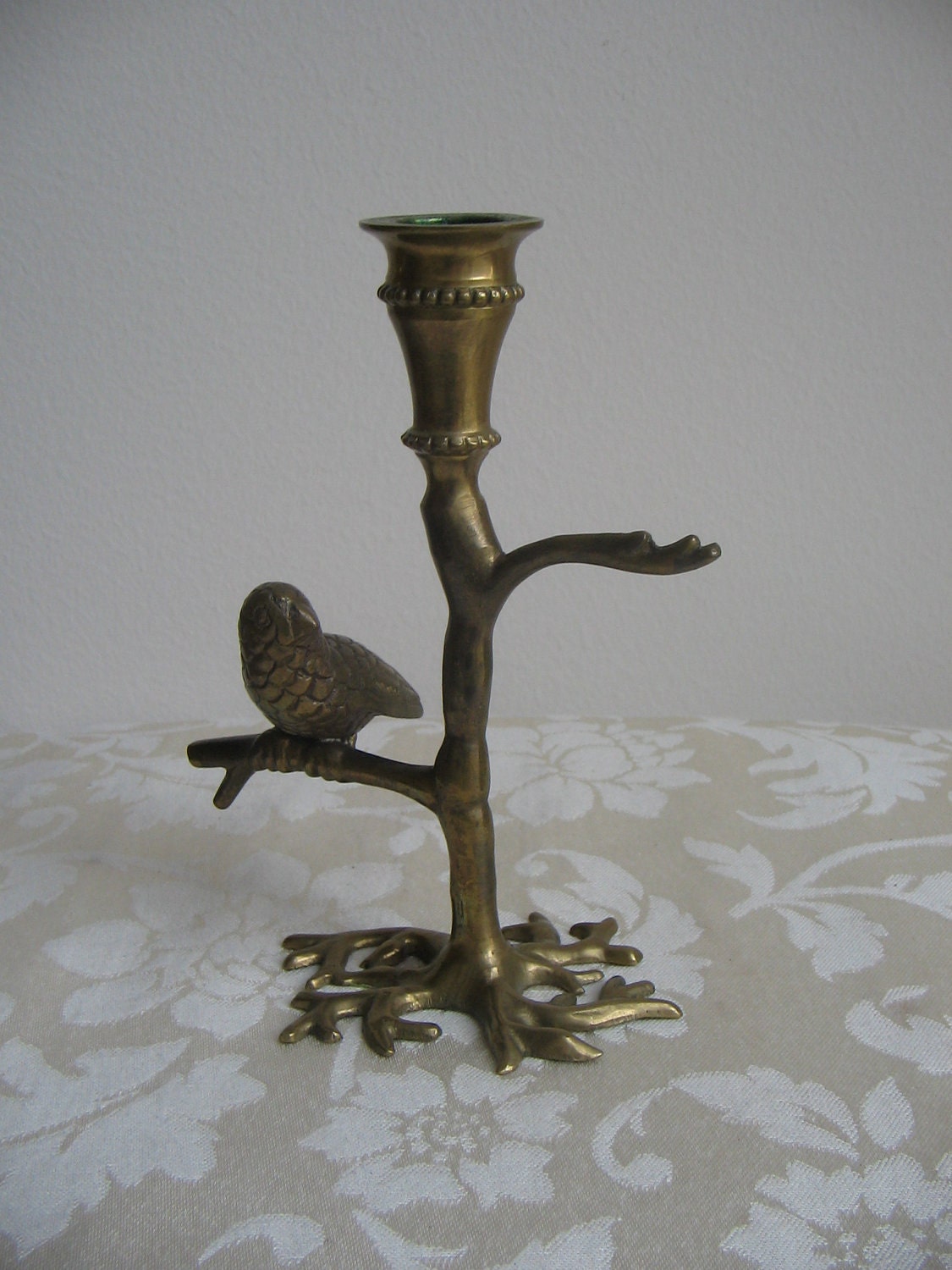 Vintage Brass Candle Holder Bird Branch Jewelry Stand