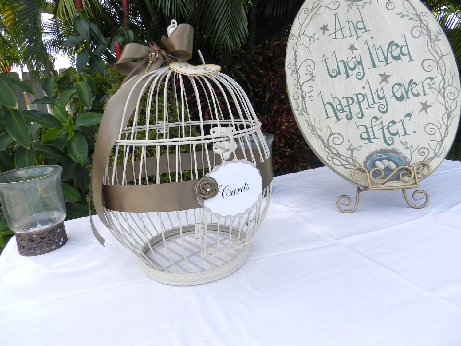 Birdcage Wedding Card Holder in an Beige finish with Brown Accent details