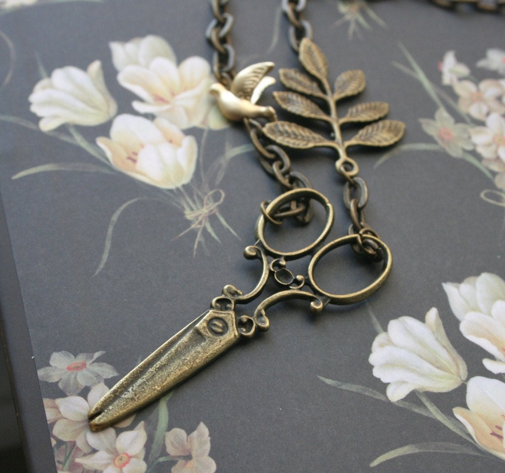 Scissor Necklace in Antique Bronze.....Leaf, Bird, Vintage Style.....A Cut Above