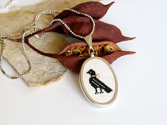 Hand Embroidery Necklace - Embroidered Pendant with chain - Cross Stitched Black Bird  with gold thread accent - Antique design
