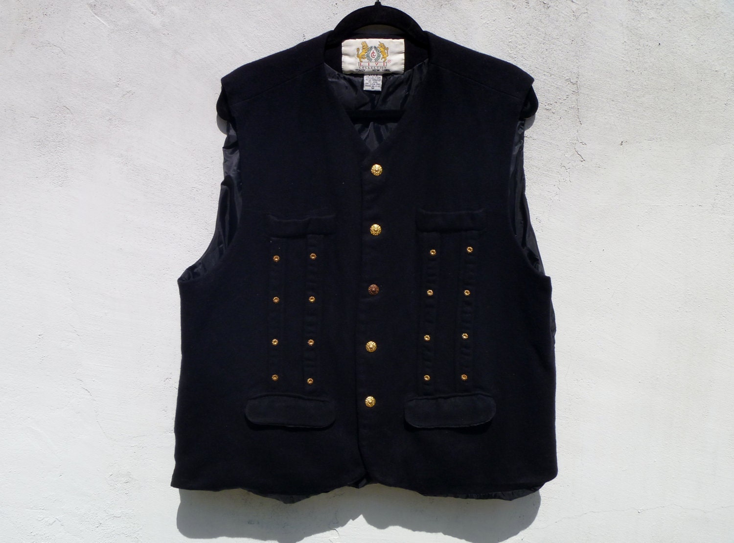 Vintage 80's Navy Wool Vest with Adorned Gold Studs and Buttons by Live Collection Men's Large