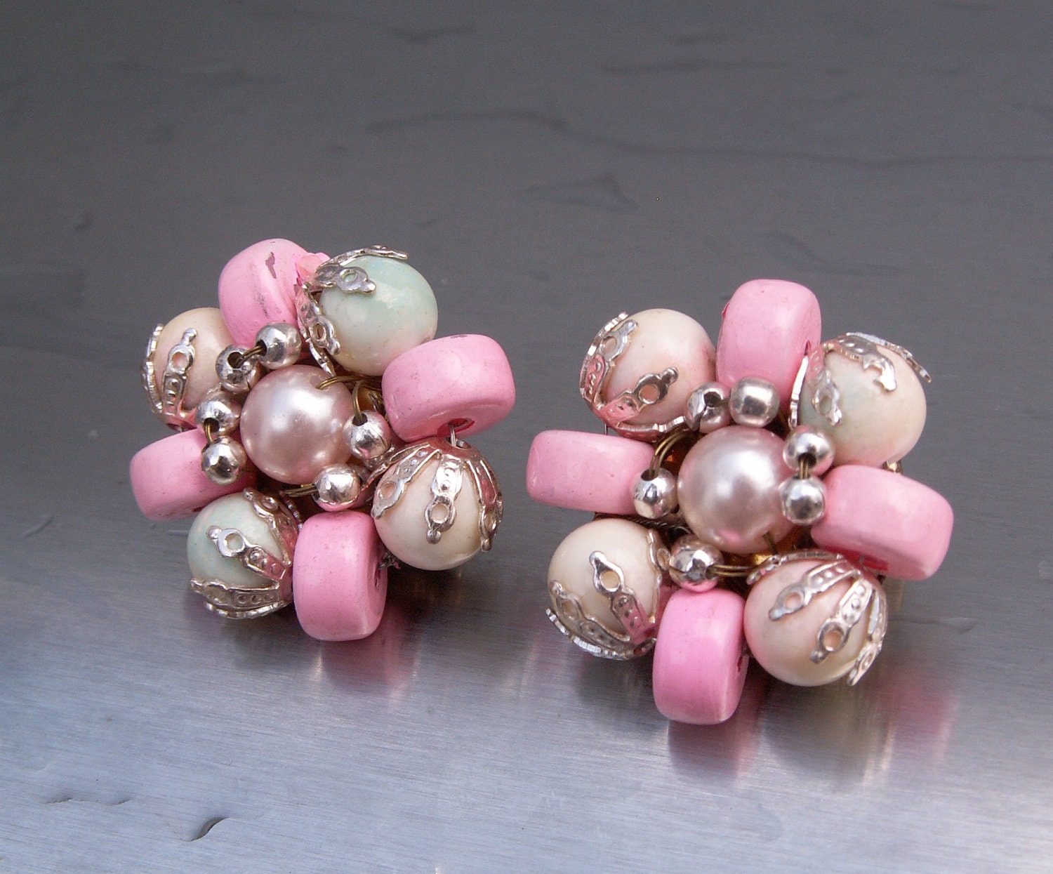 Old Vintage Earrings Cotton Candy 1940s Pink Beads Faux Pearls Flower Japan Clip Ons