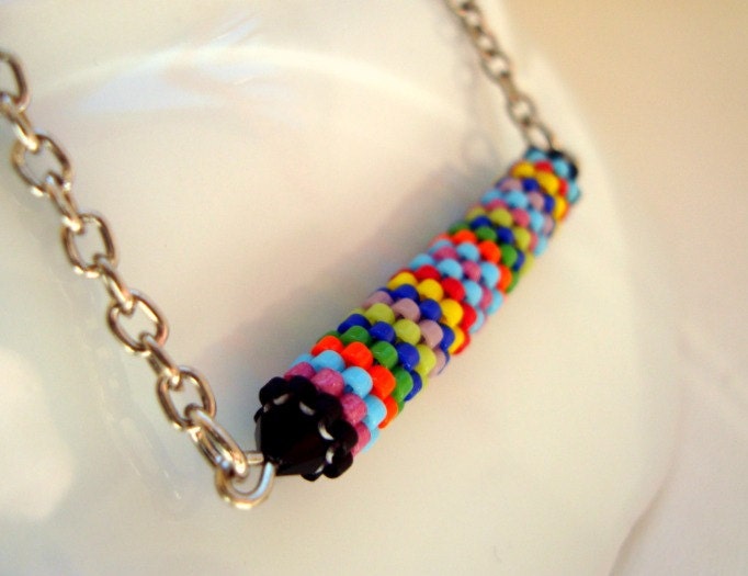 Spring Fashion, Colorful Peyote Tube on Silver Plated Metal Chain