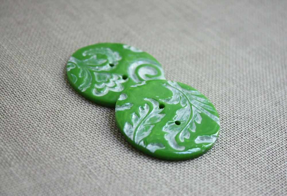 Buttons / Green Lime Spring Green / Handmade Filigree Polymer Clay Button