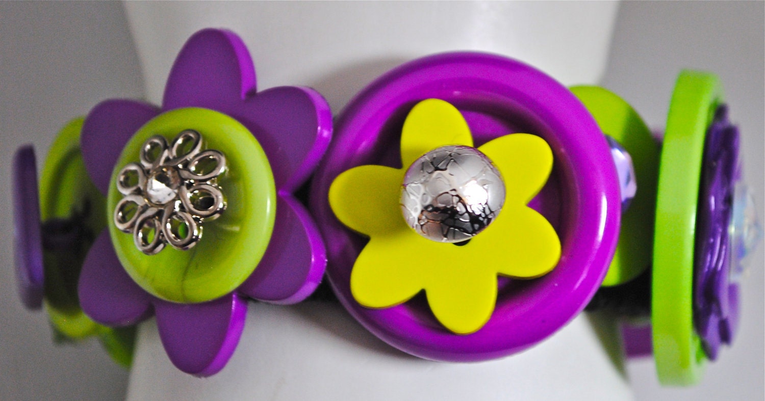 Purple button bracelet lime green statement jewelry OOAK expandable flowers gift for her spring contemporary