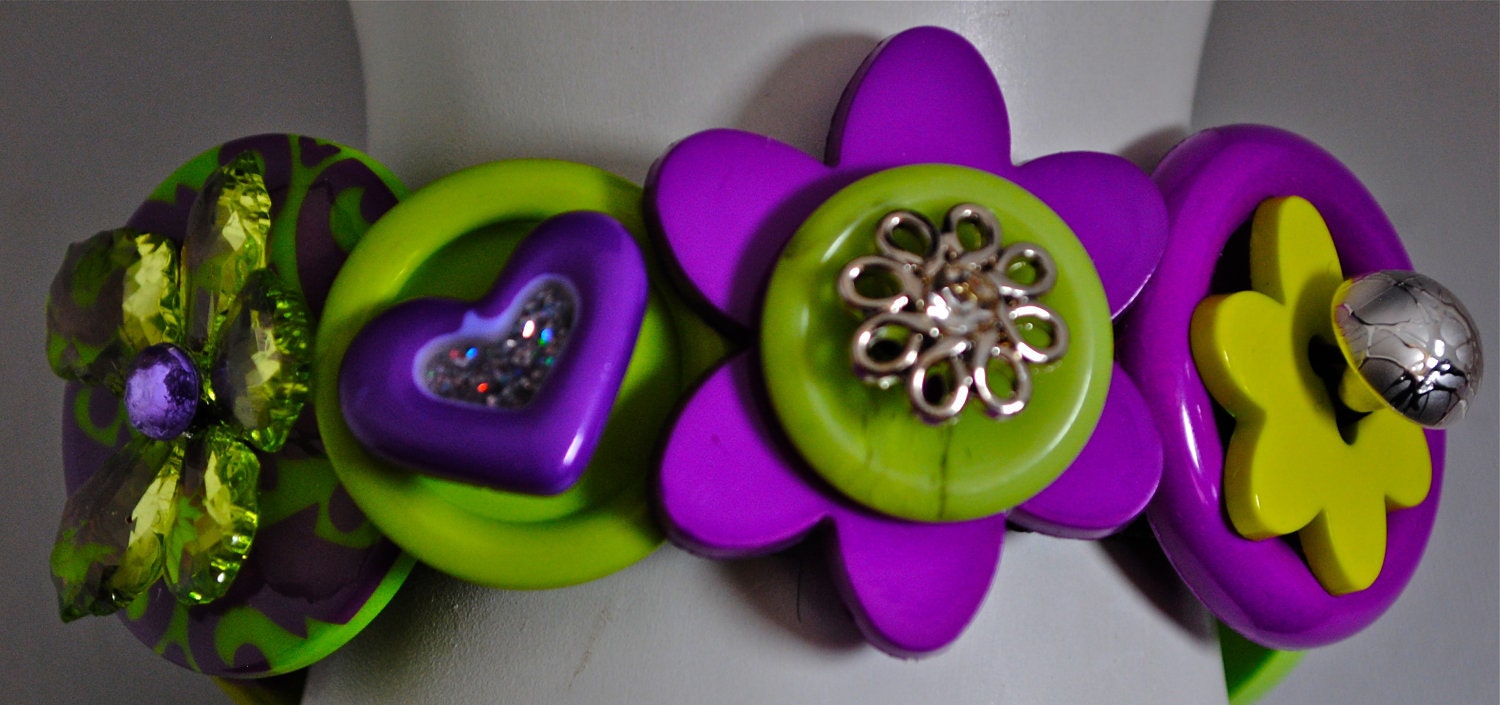 Purple button bracelet lime green statement jewelry OOAK expandable flowers gift for her spring contemporary