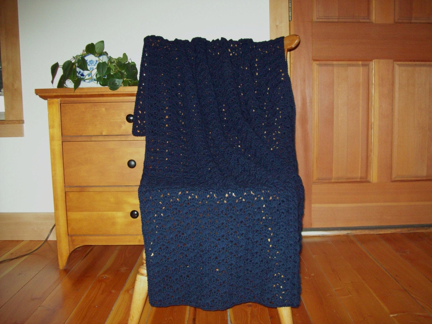 Crocheted Blanket Afghan Blanket Lap Blanket Dark Navy Blue 57x39-