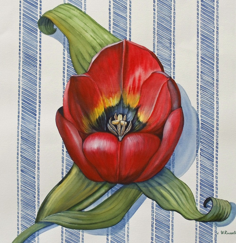Original Painting Tulip on Ticking