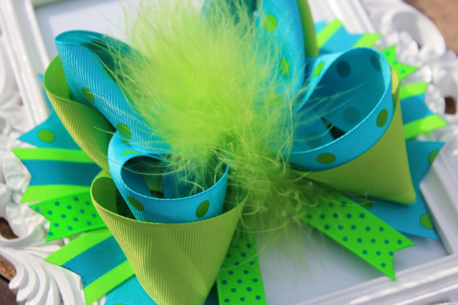 Over the Top Blue and Green Feather Hair Bow - Great for SPRING and SUMMER - - SewAdorableBowtique