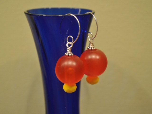 SIX DOLLAR earrings FuNkY round tangerine acrylic Czech Swirl Silver plated Ear Wire