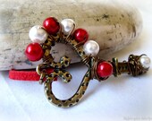 Wire Wrapped Heart Key Pendant- (ooak), Red, Pink Swarovski Pearls