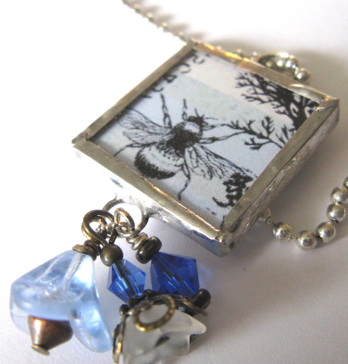 Glass Art Mini Pendant with Beads - Birds and Bees - Two Sided Hand Soldered Glass Charm - classyandsassycharms