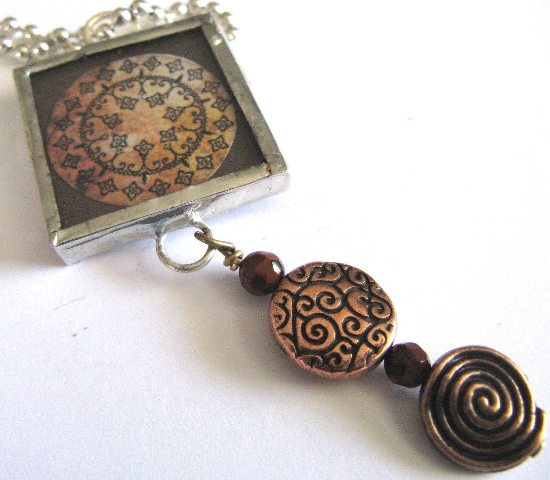 Glass Art Mini Pendant with Beads - Brown Ohm - Two Sided Hand Soldered Glass Charm - classyandsassycharms