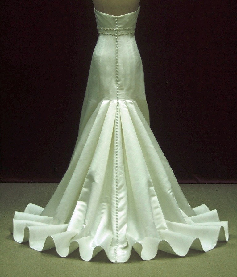 Designer Inspired Wedding Dress In Satin and Crystals Sheath Style Dramatic Train
